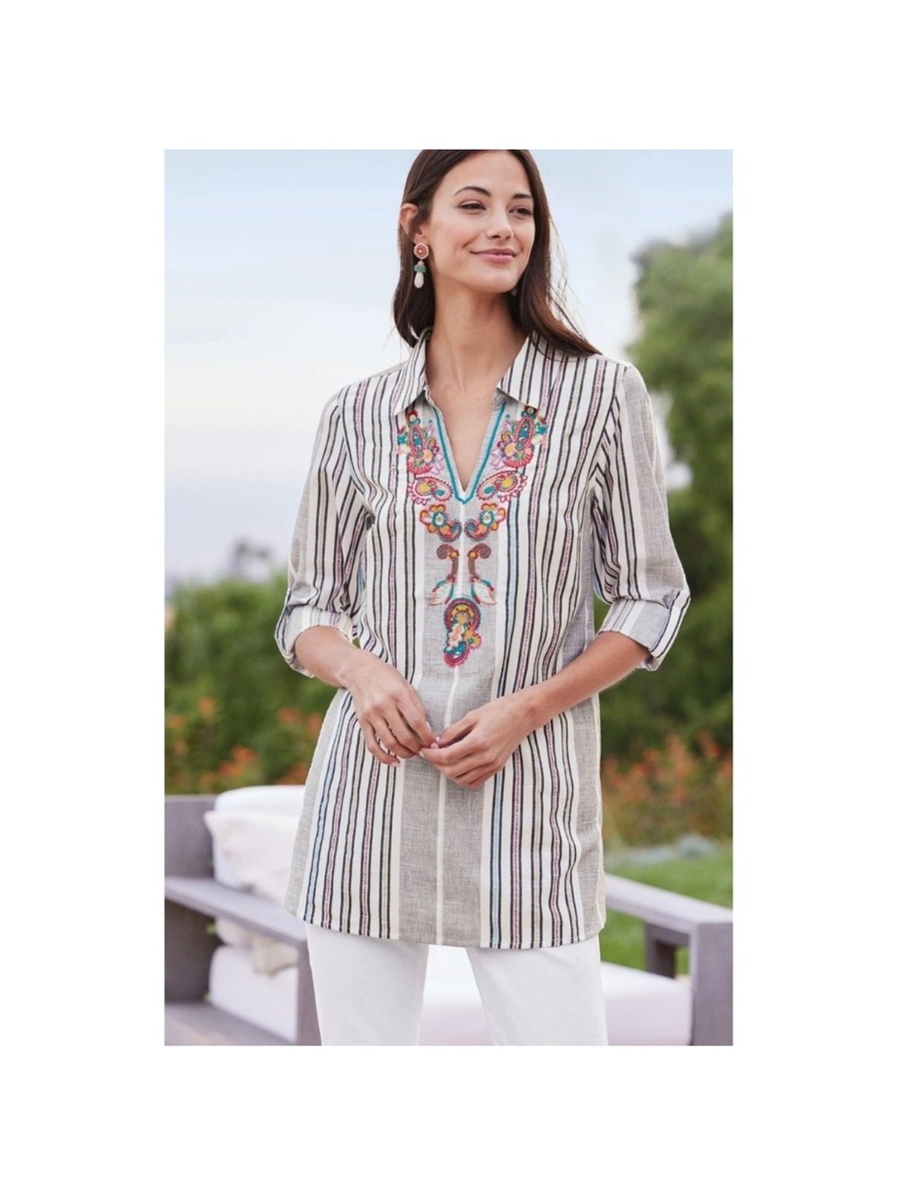 Soft Surroundings Embroidered Stripe Cotton Tunic Top Size Large Boho Lagenlook - Picture 3 of 16